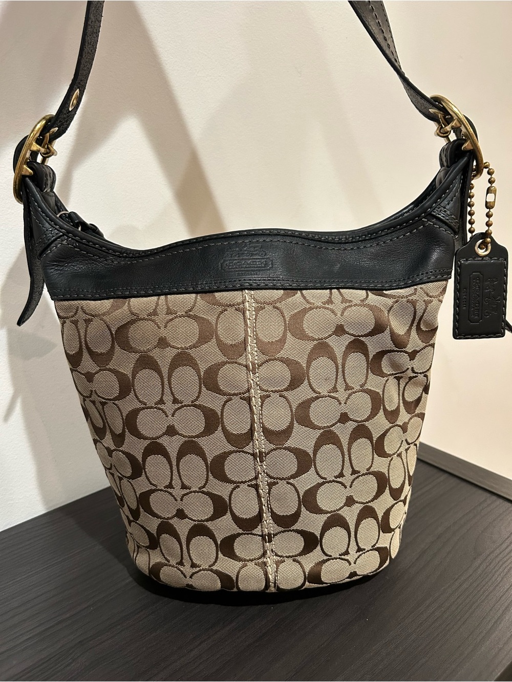 Coach Bleecker Brown Canvas Black Leather Trim Bucket Style#11437 EUC